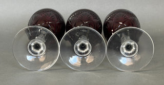 Set of 3 Ruby Red Pressed Glass Wine Goblets with Clear Knopped Stems, 7.75”