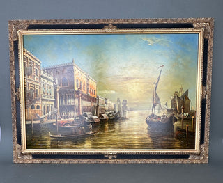 Large Venetian Canal Oil Painting, Doge's Palace at Golden Hour — Heavy Impasto, Silver Gilt Frame, 42 x 30