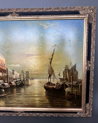 Large Venetian Canal Oil Painting, Doge's Palace at Golden Hour — Heavy Impasto, Gold Gilt Frame, 42 x 30