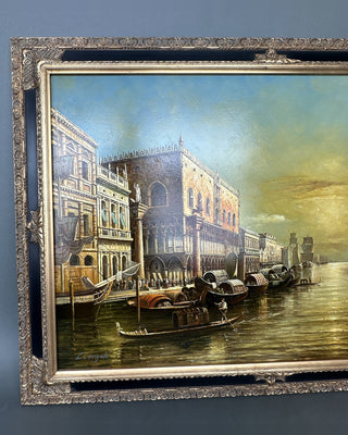 Large Venetian Canal Oil Painting, Doge's Palace at Golden Hour — Heavy Impasto, Gold Gilt Frame, 42 x 30