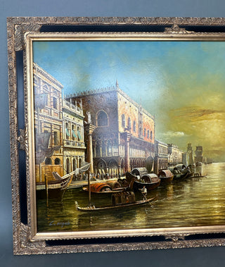 Large Venetian Canal Oil Painting, Doge's Palace at Golden Hour — Heavy Impasto, Gold Gilt Frame, 42 x 30