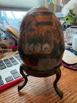 Vtg. Cloisonne style egg shaped enameled bowl w/brass stand
