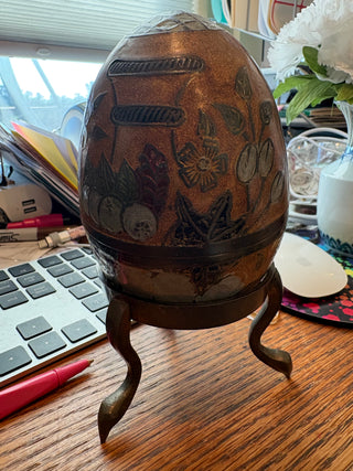 Vtg. Cloisonne style egg shaped enameled bowl w/brass stand