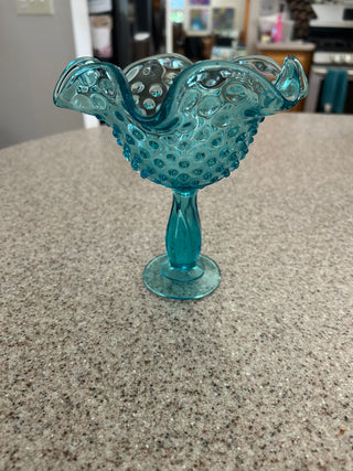 VTG Fenton turquoise glass hobnail ruffled pedestal candy dish