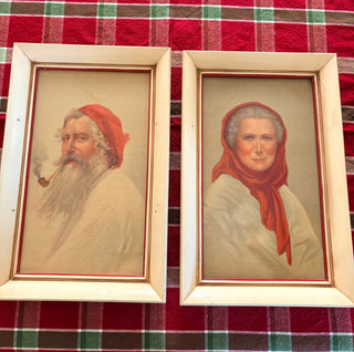 Pair of Vintage Christmas Art, cream frames