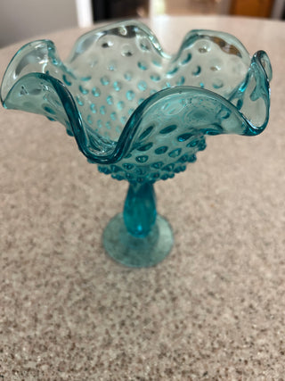 VTG Fenton turquoise glass hobnail ruffled pedestal candy dish
