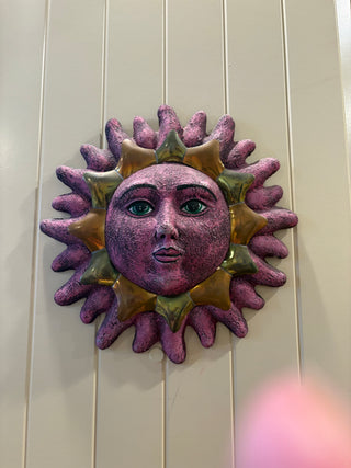 Vtg. ceramic & Brass Sun Face Wall Sculpture /wall hanging 12"