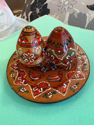 Vtg. Eastern European style hand-painted wooden egg set w/matching tray