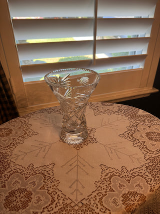 Vintage Bohemian Lead Crystal Vase with Etched Flowers 7 inches tall