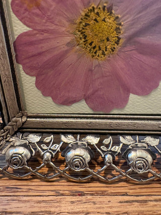 Vtg. Silver tone, Rose lattice, 5"x7" picture frame - metal floral easel frame