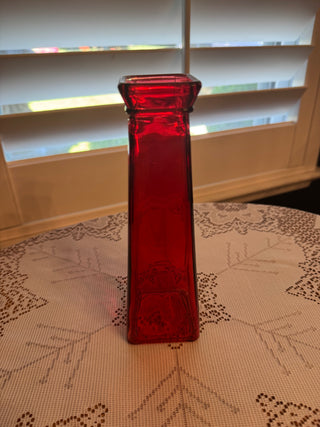 Vintage Red Square Glass Bud Vase 8 inches tall