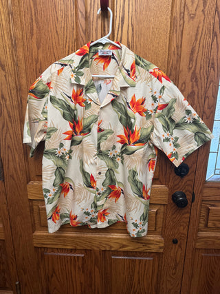 Vintage Pacific Legend Men's Hawaiian Shirt Offwhite with Orange and green Flowers Size 2XL