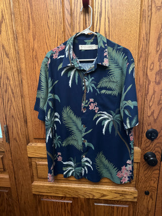 Vintage Men's Boca Classic Hawaiian Shirt Blue with Green & Red Plants Size 2XL