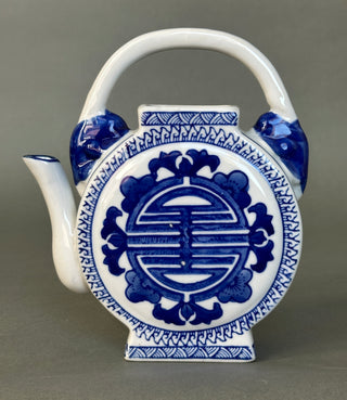 Chinoiserie Blue and White Ceramic Teapot Round Flat Longevity Character Vase