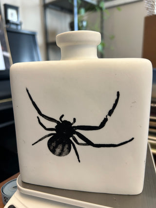 White Ceramic Square Bottle With Black Spider
