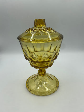 Hazel Atlas amber footed candy dish with lid