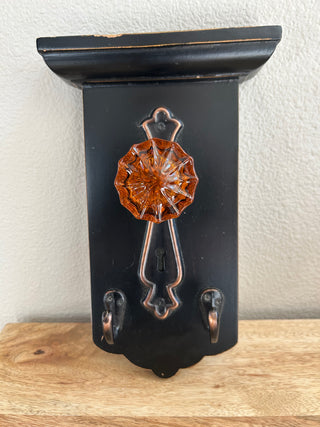 Orange Doorknob on Black Wood Wall Decor With 2 Hooks