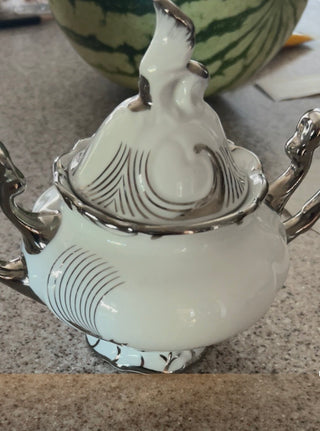 VTG white porcelain sugar bowl w/ silver trim