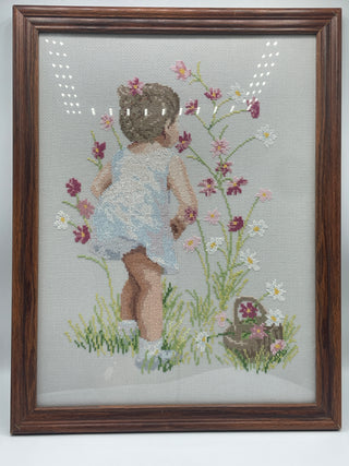 Girl with Cosmos vintage cross stitch