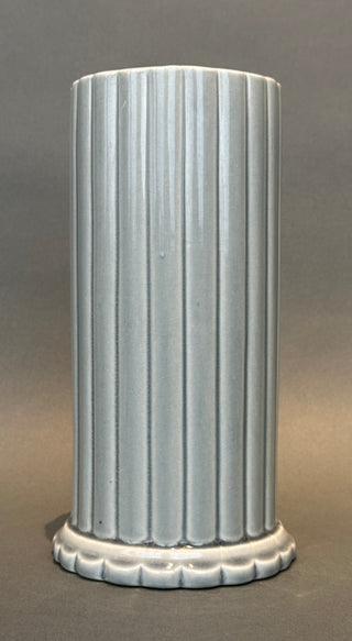 Zinnia Relief Column Vase 9.25" – Blue-Grey Art Pottery, Attributed to Cameron Clay Products (As-Is, Hairline)