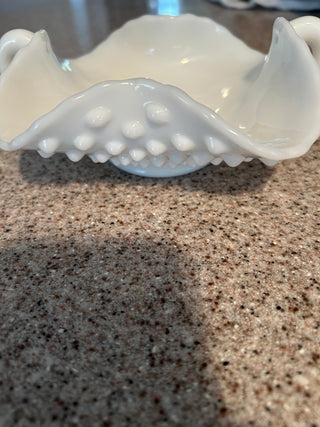 VTG Fenton milk glass hobnail ruffled edge candy dish