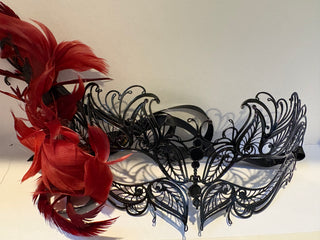 Barbato Venetian Mask - Made in Italy, black filigree, red feathers 7"
