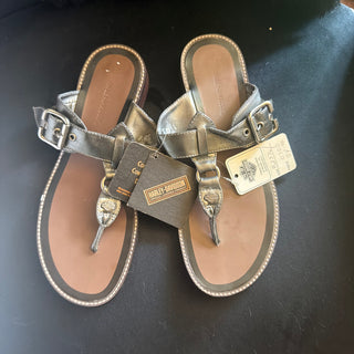 Harley Davidson Dark New Grey Leather Sandals Size 7 Metal Bar & Shield Logo