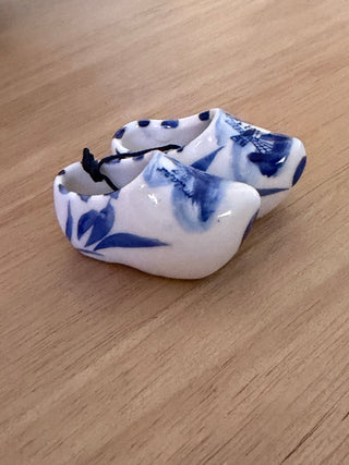 2” Porcelain Miniature Dutch Clogs Shoes Holland Blue and White Windmills