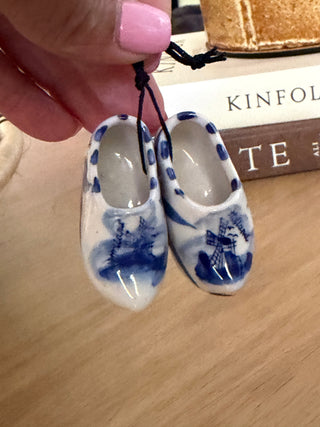 2” Porcelain Miniature Dutch Clogs Shoes Holland Blue and White Windmills