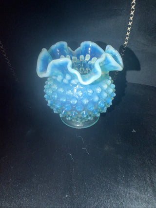 Vintage Fenton Blue Opalescent Hobnail Glass Vase Ruffled Edges approx. 4.5" H