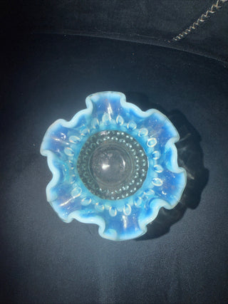 Vintage Fenton Blue Opalescent Hobnail Glass Vase Ruffled Edges approx. 4.5" H