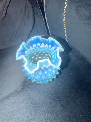 Vintage Fenton Blue Opalescent Hobnail Glass Vase Ruffled Edges approx. 4.5" H