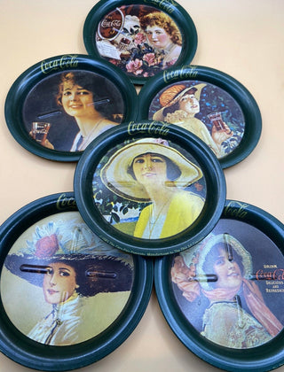 Vintage set of 6 Coca Cola Metal Coasters  Victorian Style girls