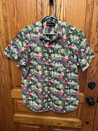 Men's Molokai Surf Co Blue w/ green leaves and Pink Flamingo  Hawaiian Shirt SZ XL