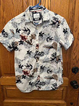 Men's Denim & Flowers White Shirt with Blue Flowers, Red Animals Hawiian Shirt SZ Small