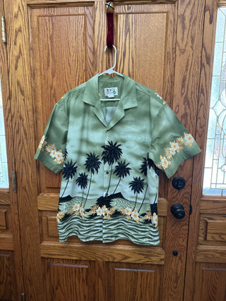 Men's KY Green w/ Black Trees & Yellow Flowers Hawaiian Shirt SZ EX LRG