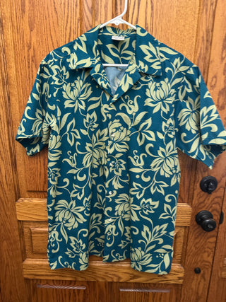Men's Go Barefoot Teal with Green Flowers Hawaiian Shirt SZ TALL LRG