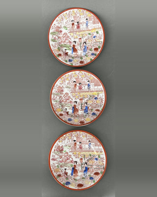 Set of 3 Vintage Hand Painted Geisha Garden Plates 6½ Inches Japan