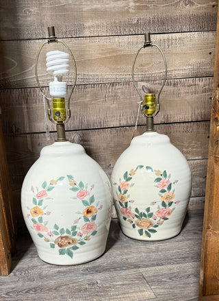 Pair Flower Motif Ceramic Table Lamps