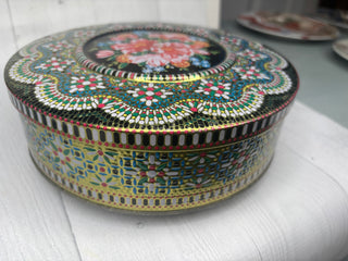 Vintage Large Blue Greens Florals Round Tin