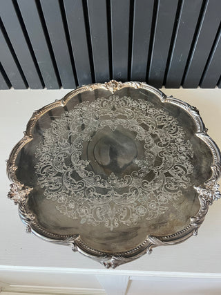Silver plate ornate footed tray 16”