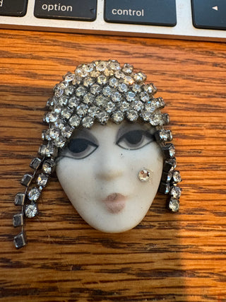 Vtg. Bisque Porcelain Flapper Lady Face Brooch