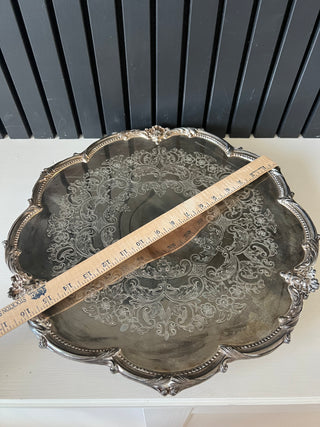 Silver plate ornate footed tray 16”
