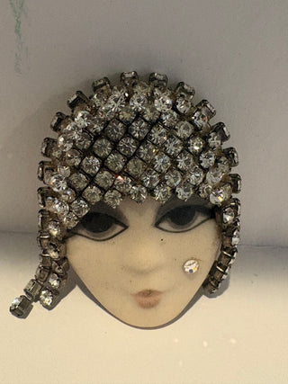 Vtg. Bisque Porcelain Flapper Lady Face Brooch