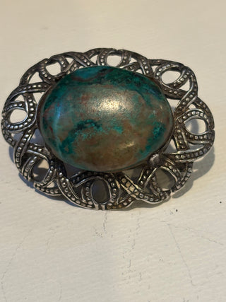 Vtg. Signed MIRACLE Scottish Celtic Brooch w/natural stone 1.5" x 1.5"