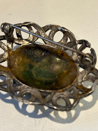 Vtg. Signed MIRACLE Scottish Celtic Brooch w/natural stone 1.5" x 1.5"