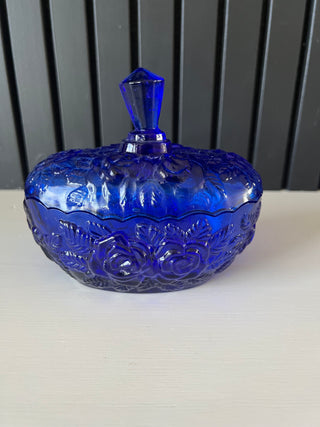 Vintage cobalt glass rise lidded dish