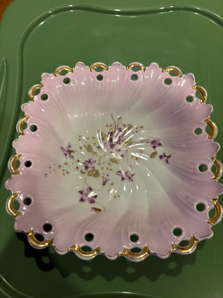 Antique Carl Tielsch CT Bavarian Reticulated Porcelain Bowl, Pink & gold violets 10"