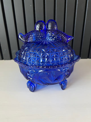 Vintage cobalt glass lovebirds dish