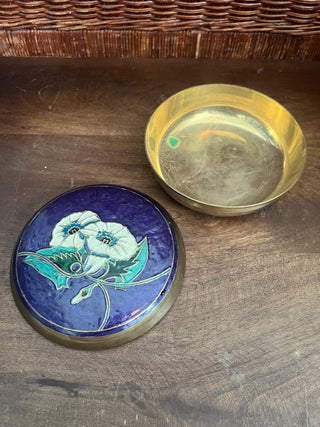 Brass enameled purple floral trinket box
